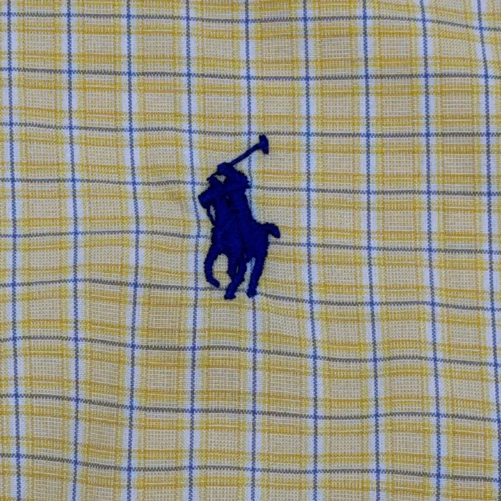 Polo Ralph Lauren Mens Custom Fit Plaid Button Down Shirt Yellow Blue 17.5 34/35